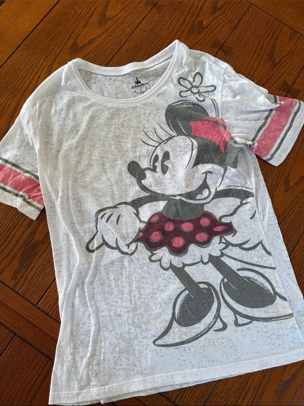 Disney White Baseball like Tee with Minnie Mouse Graphic and Pink Accents